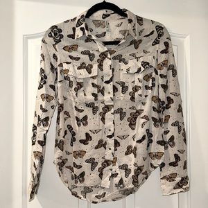 Stradivarius Butterfly Print Long Sleeve Button Up Blouse
